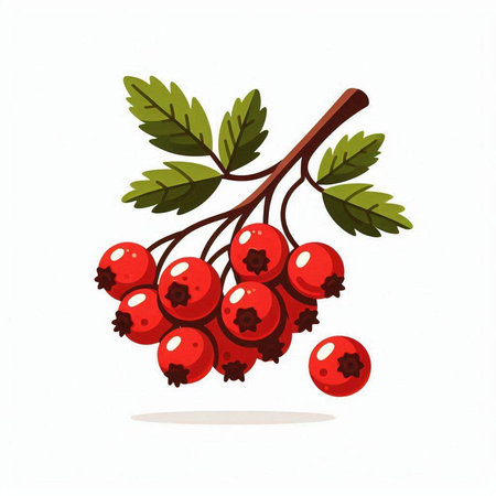 Red rowan berries on a branch with leaves. Vector illustration.のイラスト素材