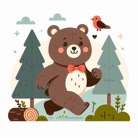 Cute bear in the forest. Vector illustration in cartoon style.のイラスト素材