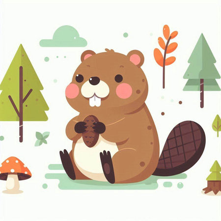 Cute beaver sitting on the ground in the forest. Vector illustrationのイラスト素材