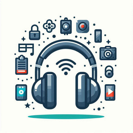 Headphones and mobile phone icons set. Vector illustration in thin line styleのイラスト素材