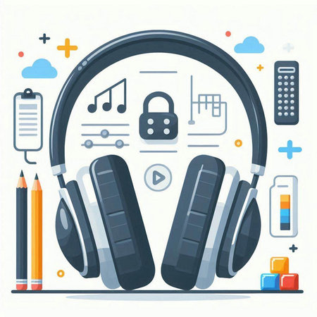 Vector illustration of modern flat design concept of music and entertainment. Headphones with microphone, smartphone, tablet, headphones, note, battery, lock, keypad.のイラスト素材