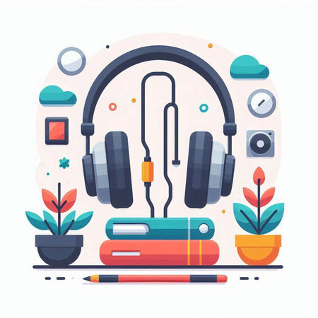 Modern flat design illustration concept of online education. Headphones, books and pencils.のイラスト素材