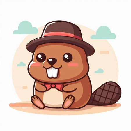 Cute cartoon beaver in hat and bow tie. Vector illustrationのイラスト素材