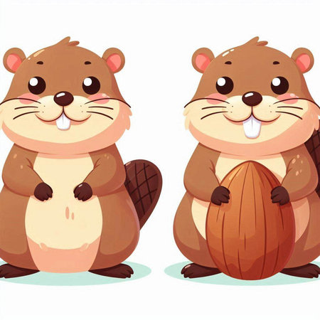 Cute beavers with nut on white background. Vector illustration.のイラスト素材