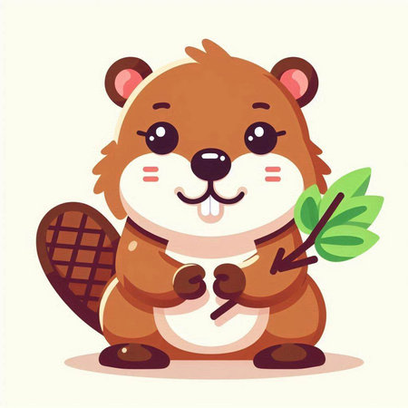 Cute cartoon beaver with a stick and a leaf. Vector illustrationのイラスト素材