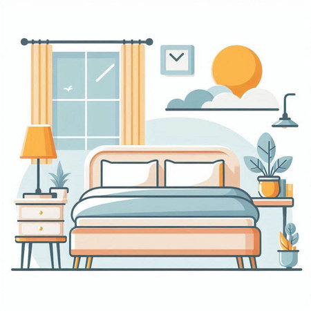 Vector illustration of a bedroom with a bed, a lamp, a nightstand and a windowのイラスト素材