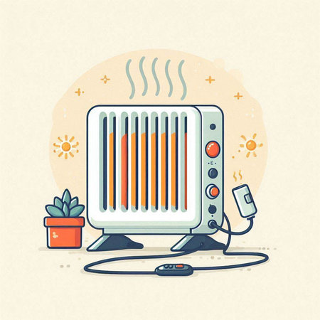 Vector illustration of a heating radiator with a power cable and a flower in a potのイラスト素材