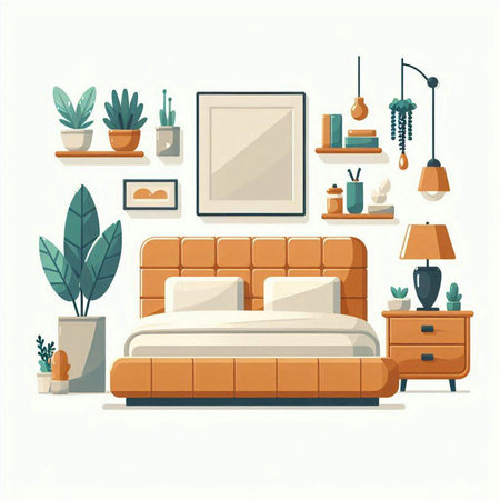 Bedroom interior. Vector illustration in flat style. Furniture in modern style.のイラスト素材