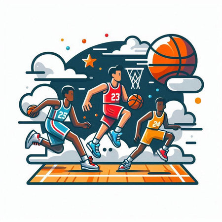 Basketball players on basketball court. Vector illustration in cartoon style.のイラスト素材