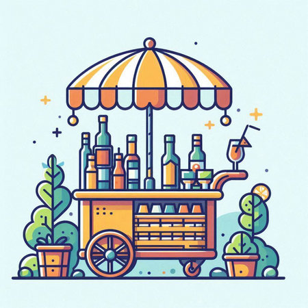 Vector illustration of a street food cart with bottles of wine and drinks.のイラスト素材