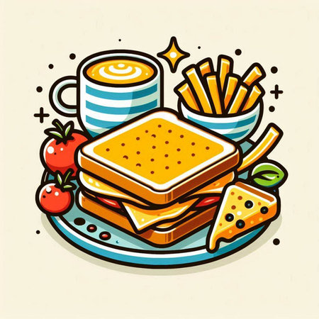 Vector illustration of a sandwich on a plate with fries and coffee.のイラスト素材
