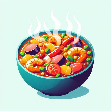 Illustration of a bowl of soup with shrimps and vegetablesのイラスト素材