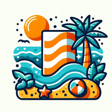Tropical island with palm trees, sun and waves. Vector illustrationのイラスト素材
