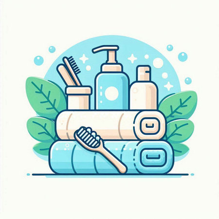 Bath accessories - toothbrush, shampoo, shower gel, soap, towel, towel. Vector illustration.のイラスト素材