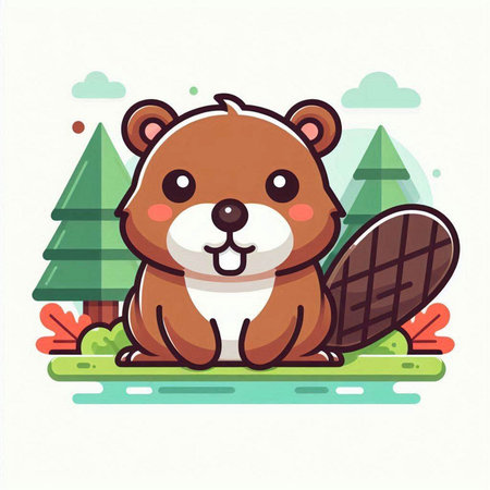 Cute beaver sitting on the grass in the park. Vector illustration.のイラスト素材