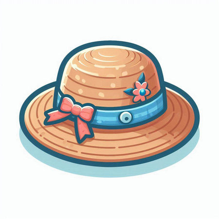 Women's straw hat with a blue bow. Vector illustration in cartoon style.のイラスト素材