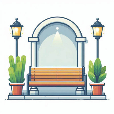 Park bench with lanterns and potted plants. Vector illustration.のイラスト素材