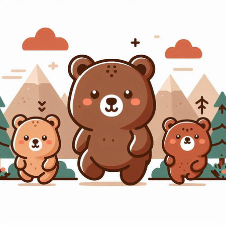 Cute cartoon bear family in the forest. Vector illustration in flat style.のイラスト素材