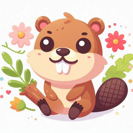 Cute cartoon beaver with a bouquet of flowers. Vector illustration.のイラスト素材