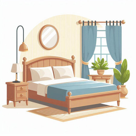 Bedroom interior. Vector illustration in cartoon style. Bedroom in flat style.のイラスト素材