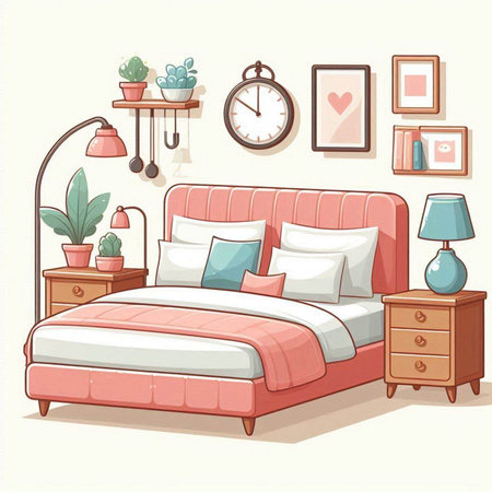Illustration of a cozy bedroom with a bed and a nightstandのイラスト素材