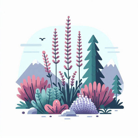 Vector illustration of forest landscape with flowers, plants and mountains. Flat style.のイラスト素材