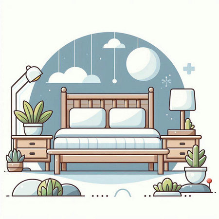 Bedroom interior with furniture, bed, lamp and plants. Vector illustration.のイラスト素材