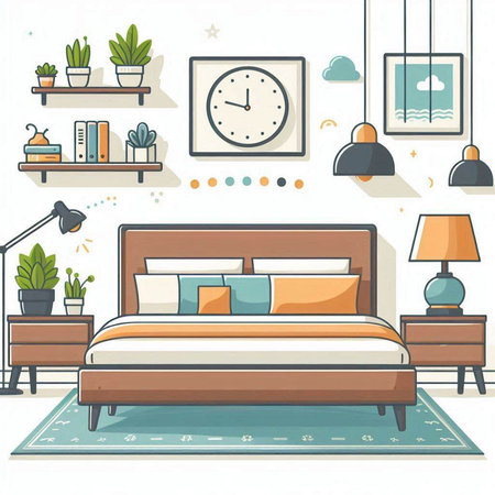 Illustration of a Bedroom Interior with Furniture. Vector illustrationのイラスト素材