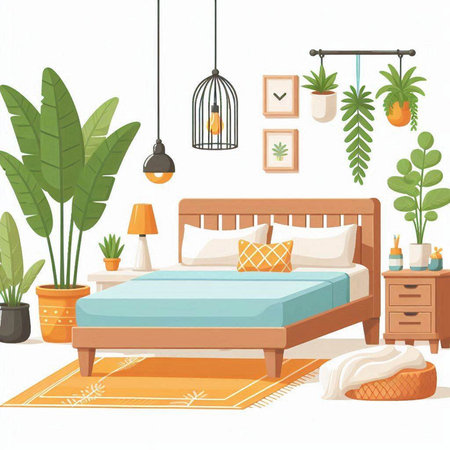 Bedroom interior with furniture and plants. Vector illustration in cartoon styleのイラスト素材