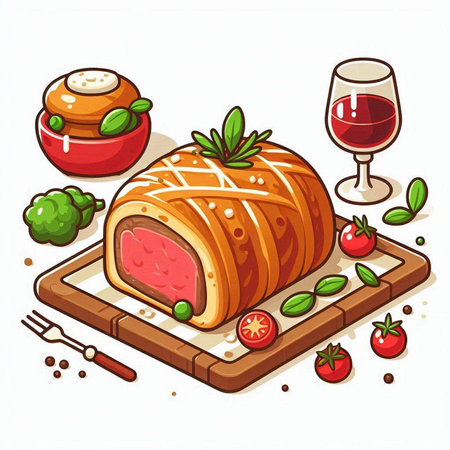 Meatloaf with vegetables and spices on a wooden board. Vector illustration.のイラスト素材