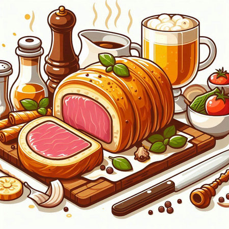 Illustration of a piece of meat on a cutting board with spices.のイラスト素材