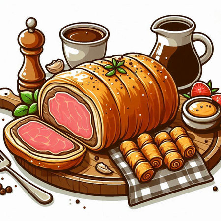 Illustration of a piece of meat on a wooden board with a cup of coffeeのイラスト素材