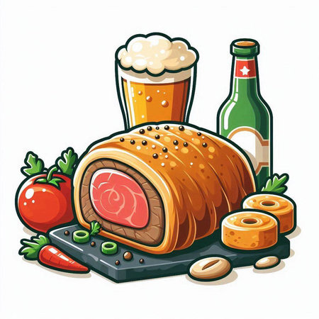 Illustration of a piece of meat with vegetables and a glass of beerのイラスト素材