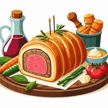 Meatloaf with sauce and vegetables on wooden board. Vector illustration.のイラスト素材