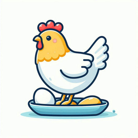 Cute chicken with egg on plate. Vector illustration in cartoon style.のイラスト素材