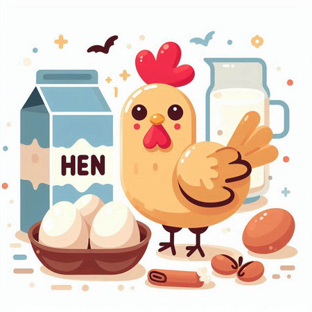 Vector illustration of a chicken, eggs, milk and other products.のイラスト素材