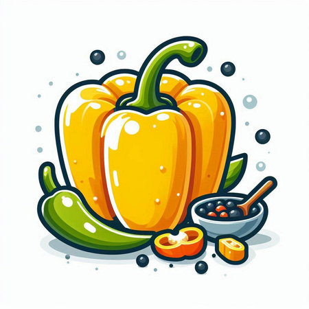 Illustration of a bell pepper with a wooden spoon and a bowl of black pepper.のイラスト素材