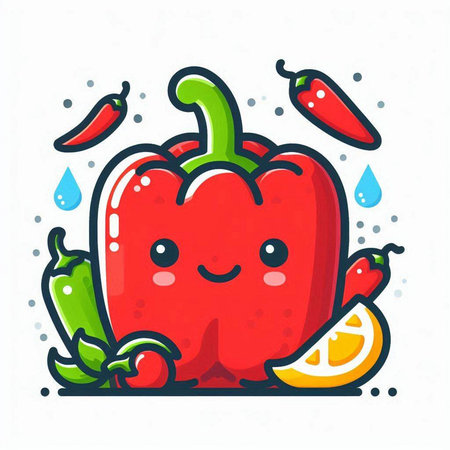 Cute cartoon paprika character with hot peppers. Vector illustration.のイラスト素材