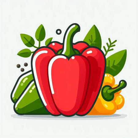 Bell pepper vector illustration. Colorful paprika with green leaves.のイラスト素材