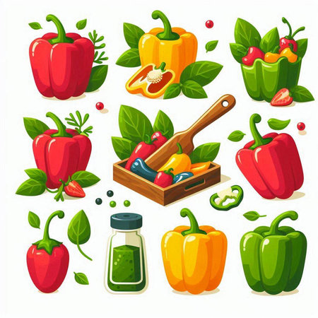 Pepper and paprika. Vegetables in wooden box. Vector illustrationのイラスト素材