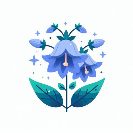 Flower vector illustration in trendy flat style with blue flowers and leaves.のイラスト素材