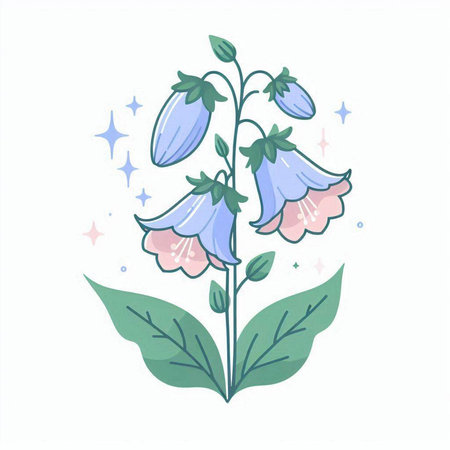 Bluebell flower with green leaves and stars isolated on white background. Vector illustration.のイラスト素材