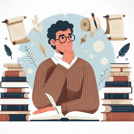 Vector illustration of a man in glasses and a sweater sitting on a stack of booksのイラスト素材