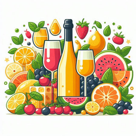 Bottle of wine, glass of champagne, fruits and berries, vector illustrationのイラスト素材