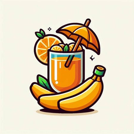 Fruit cocktail with orange, banana and umbrella. Vector illustration.のイラスト素材