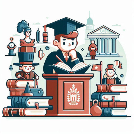 Cartoon vector illustration of a man in graduation cap and gown with books.のイラスト素材