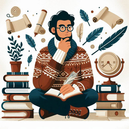 Vector illustration of a young man sitting on a pile of books and reading a bookのイラスト素材