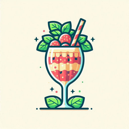 Strawberry smoothie in a glass with mint leaves. Vector illustration.のイラスト素材