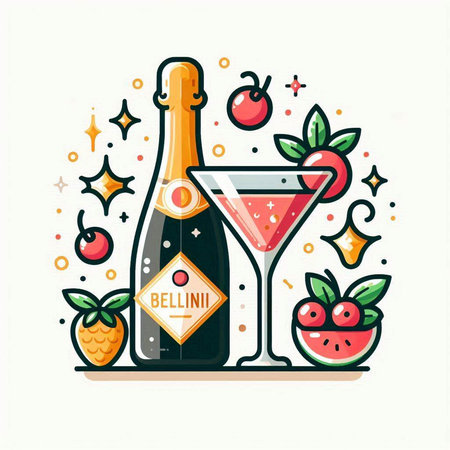 Bottle of champagne with fruits. Vector illustration in flat style.のイラスト素材