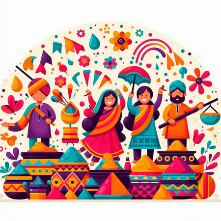 Indian festival Happy Holi colorful flat vector illustration. Traditional holiday in India.のイラスト素材